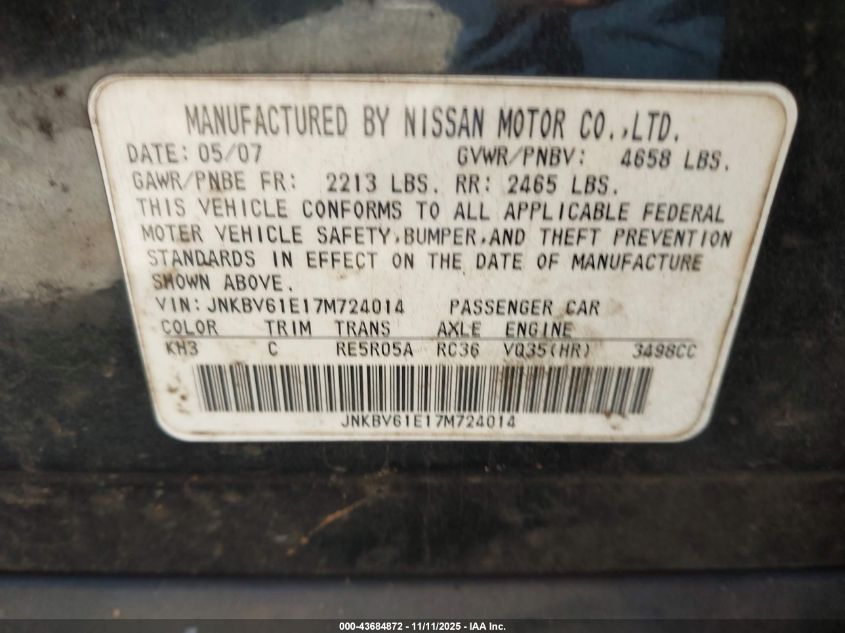 2007 Infiniti G35 Journey VIN: JNKBV61E17M724014 Lot: 43684872