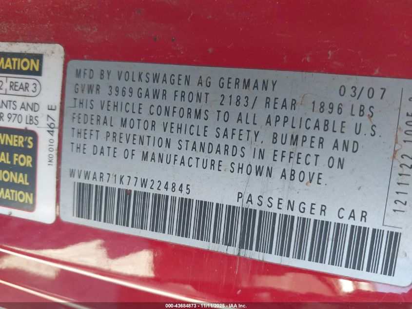 2007 Volkswagen Rabbit 2-Door VIN: WVWAR71K77W224845 Lot: 43684873