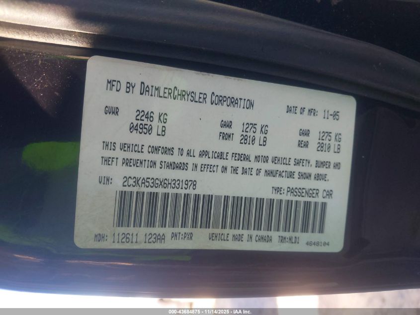 2006 Chrysler 300 Touring VIN: 2C3KA53GX6H331978 Lot: 43684875