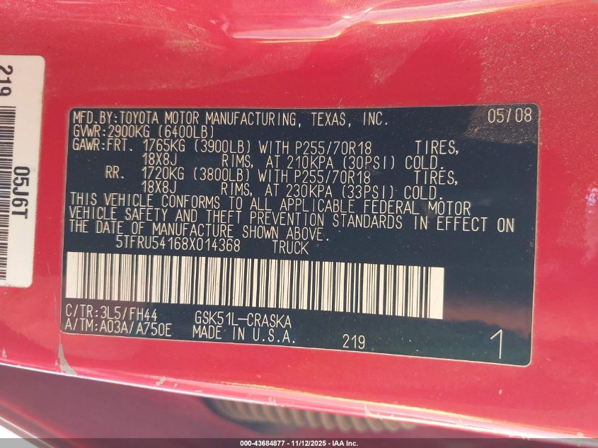 2008 Toyota Tundra Base V6 VIN: 5TFRU54168X014368 Lot: 43684877