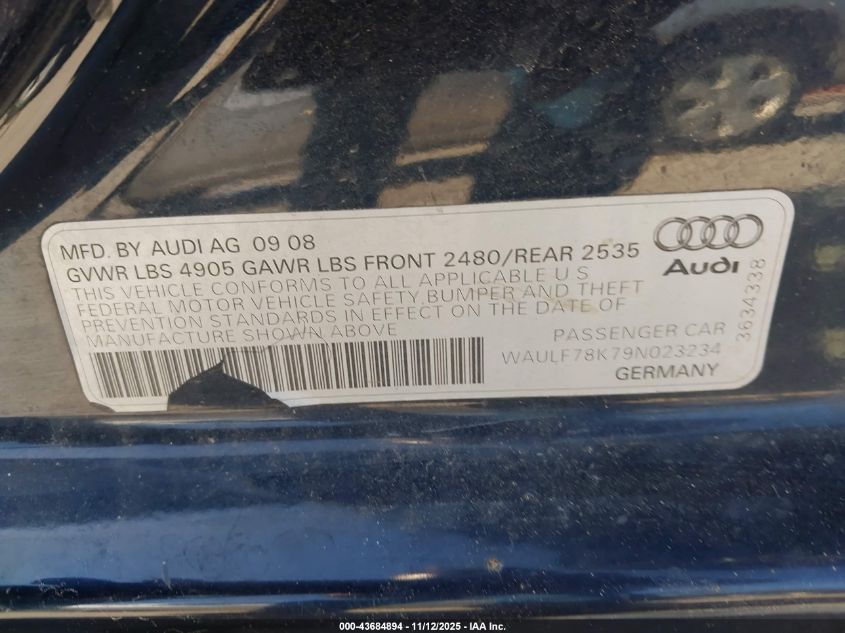 2009 Audi A4 2.0T Premium VIN: WAULF78K79N023234 Lot: 43684894
