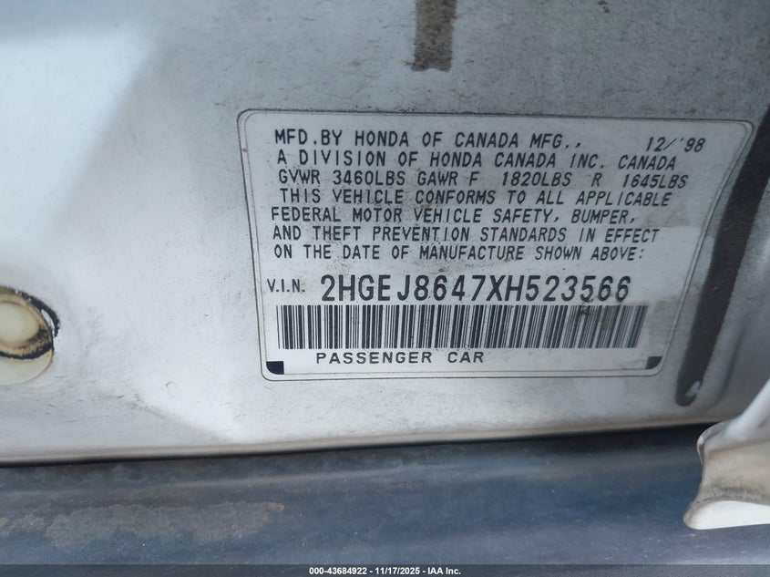 1999 Honda Civic Ex VIN: 2HGEJ8647XH523566 Lot: 43684922