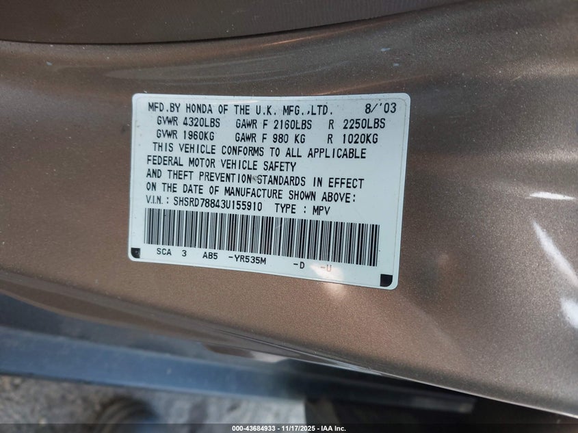 2003 Honda Cr-V Ex VIN: SHSRD78843U155910 Lot: 43684933