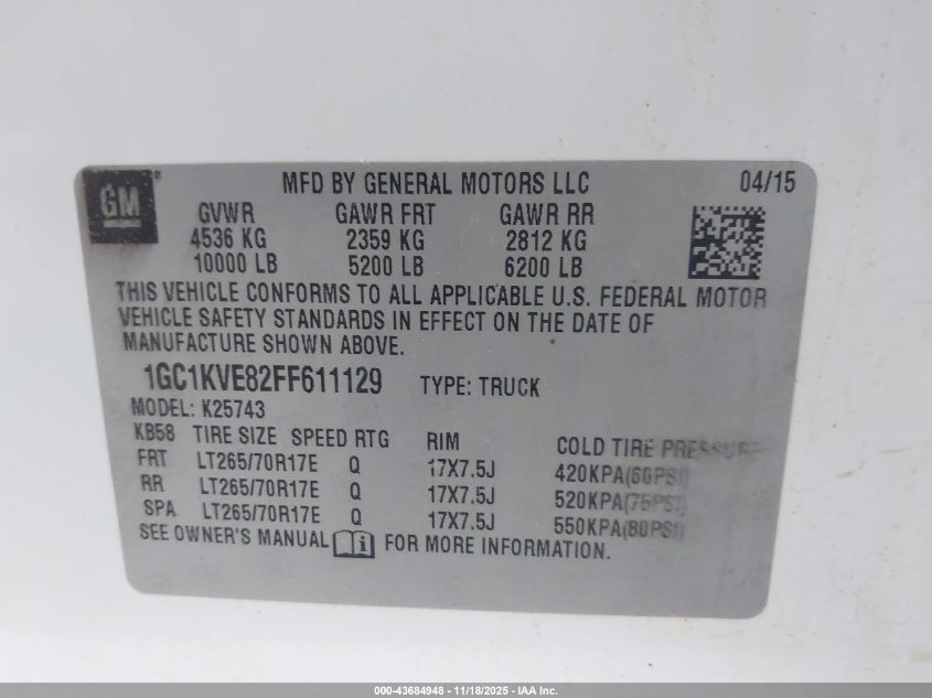 2015 Chevrolet Silverado 2500Hd Lt VIN: 1GC1KVE82FF611129 Lot: 43684948