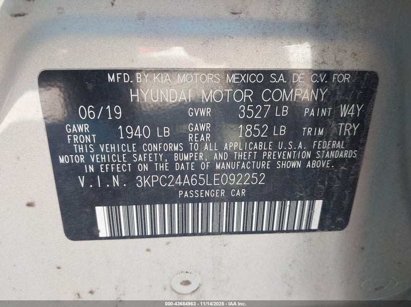 2020 Hyundai Accent Se VIN: 3KPC24A65LE092252 Lot: 43684963