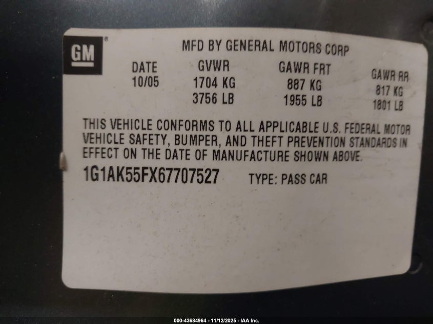 2006 Chevrolet Cobalt Ls VIN: 1G1AK55FX67707527 Lot: 43684964