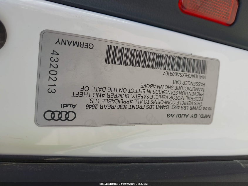 2025 Audi A5 Sportback Premium 45 Tfsi S Line Quattro S Tronic VIN: WAUDACF5XSA009107 Lot: 43684965
