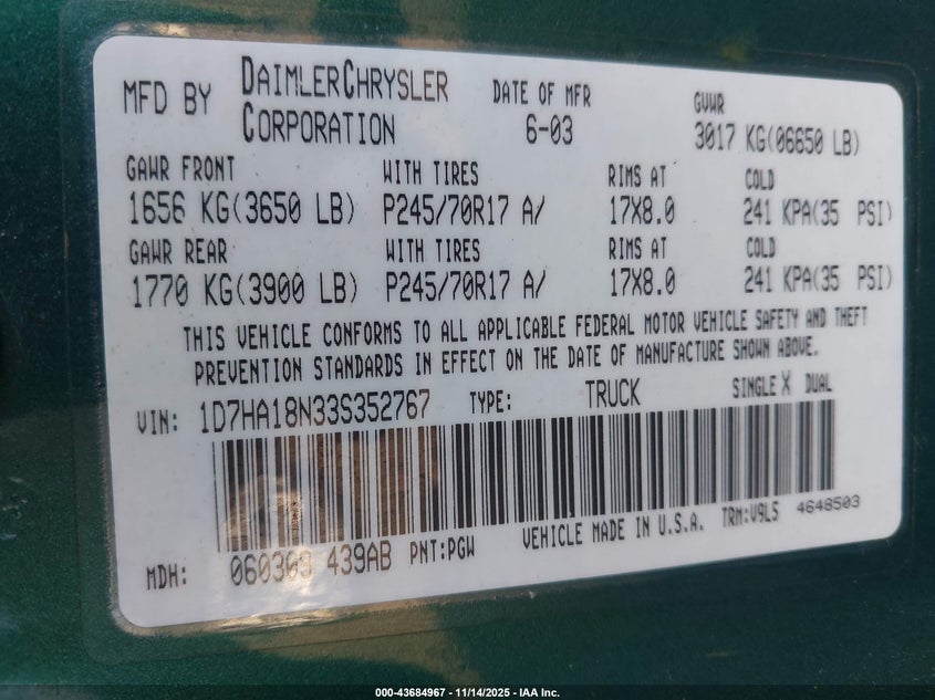 1D7HA18N33S352767 2003 DODGE RAM photo no. 9