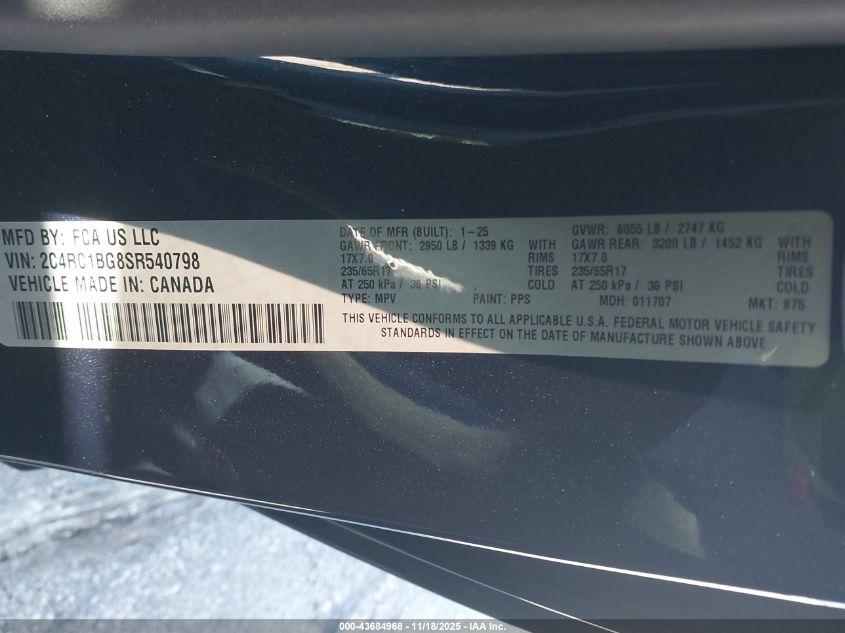 2025 Chrysler Pacifica Select VIN: 2C4RC1BG8SR540798 Lot: 43684968