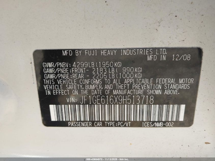 2009 Subaru Impreza 2.5I VIN: JF1GE616X9H513718 Lot: 43684970