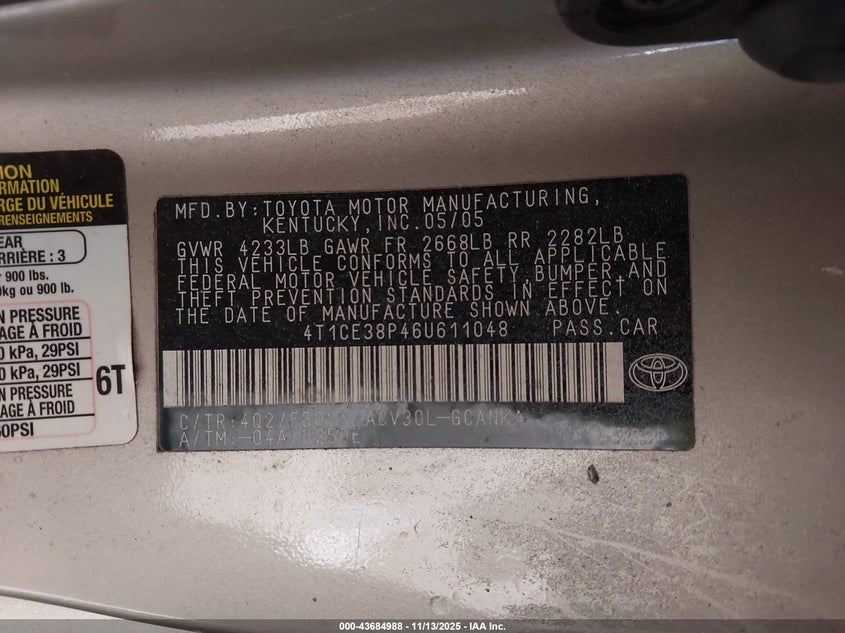 2006 Toyota Camry Solara Se VIN: 4T1CE38P46U611048 Lot: 43684988