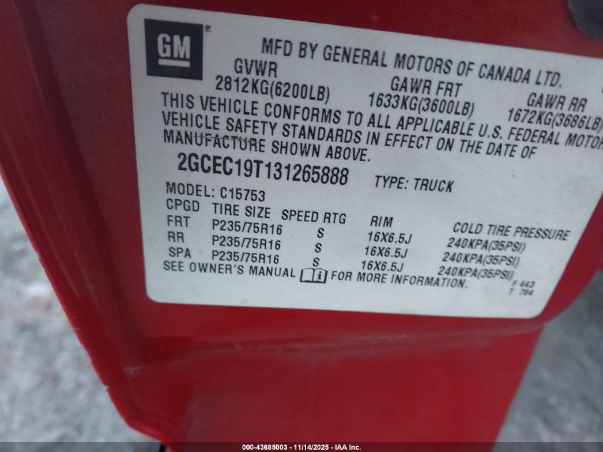 2003 Chevrolet Silverado 1500 Ls VIN: 2GCEC19T131265888 Lot: 43685003