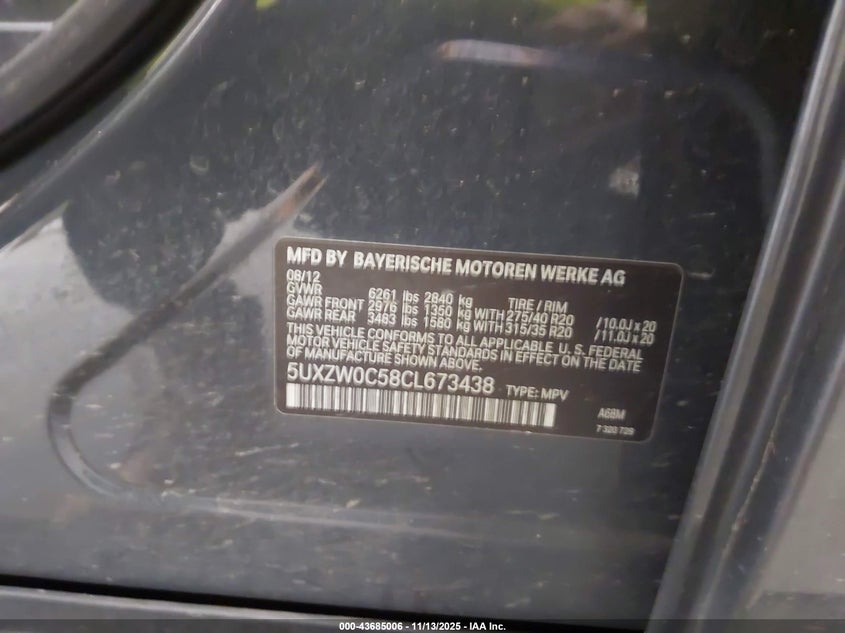 2012 BMW X5 xDrive35D VIN: 5UXZW0C58CL673438 Lot: 43685006