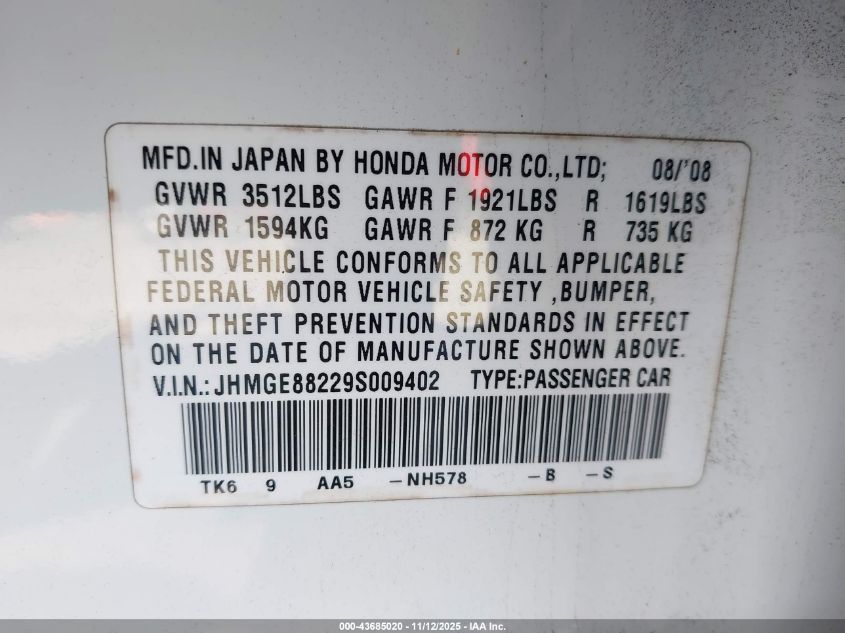 2009 Honda Fit VIN: JHMGE88229S009402 Lot: 43685020