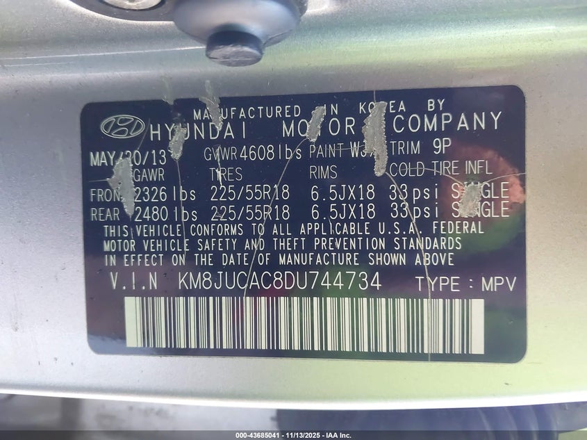 KM8JUCAC8DU744734 2013 HYUNDAI TUCSON photo no. 9