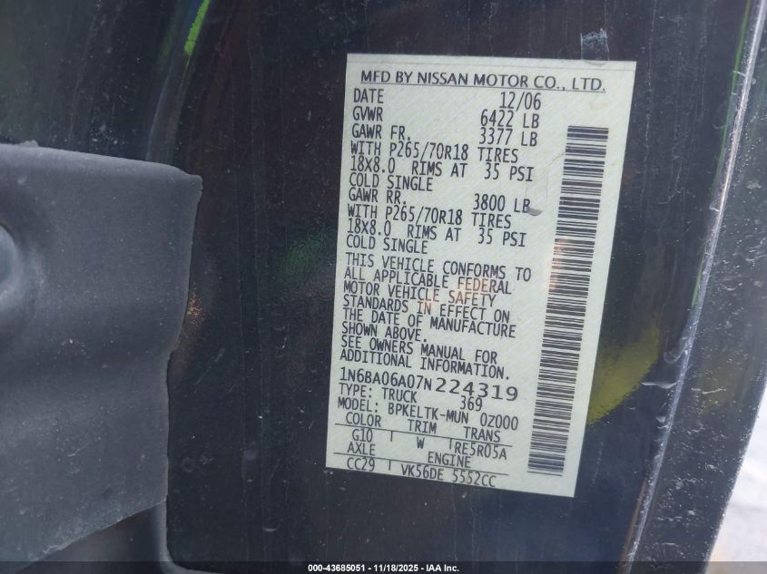 2007 Nissan Titan Se VIN: 1N6BA06A07N224319 Lot: 43685051