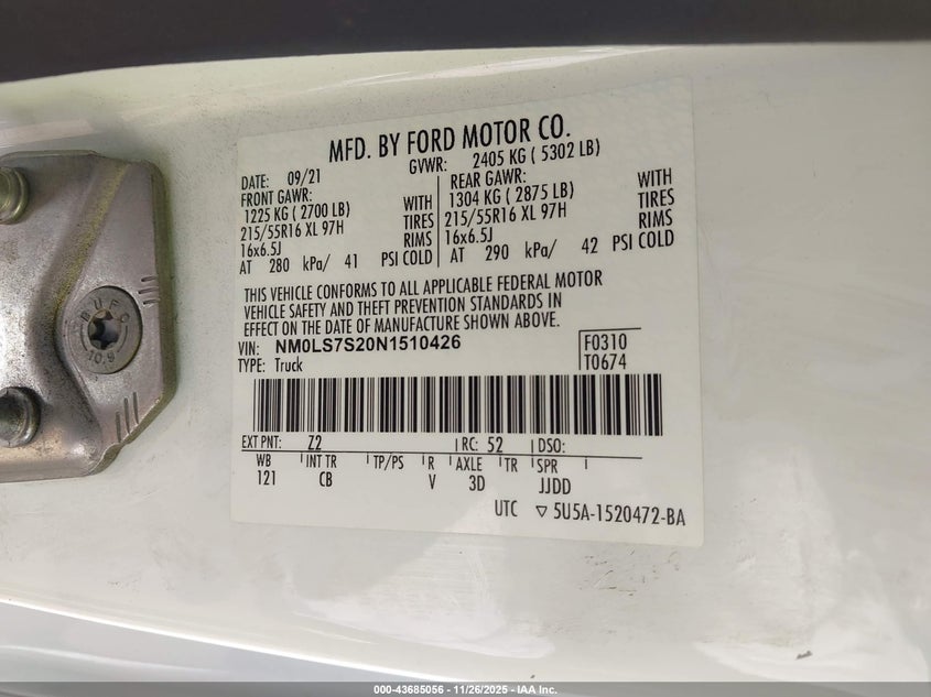 2022 Ford Transit Connect Xl VIN: NM0LS7S20N1510426 Lot: 43685056