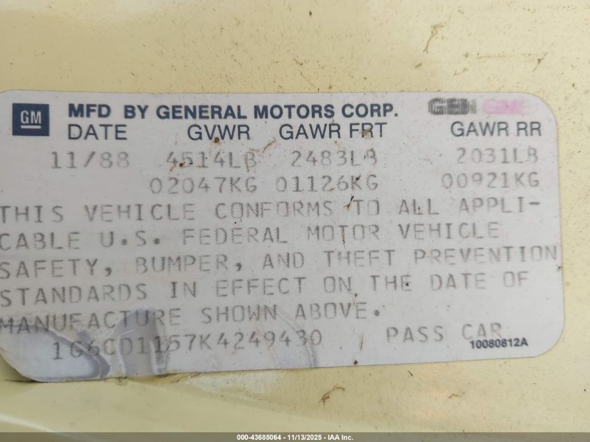 1989 Cadillac Deville VIN: 1G6CD1157K4249430 Lot: 43685064