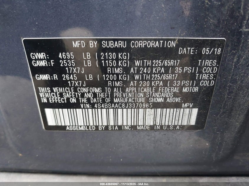 4S4BSAAC8J3370965 2018 SUBARU OUTBACK photo no. 9