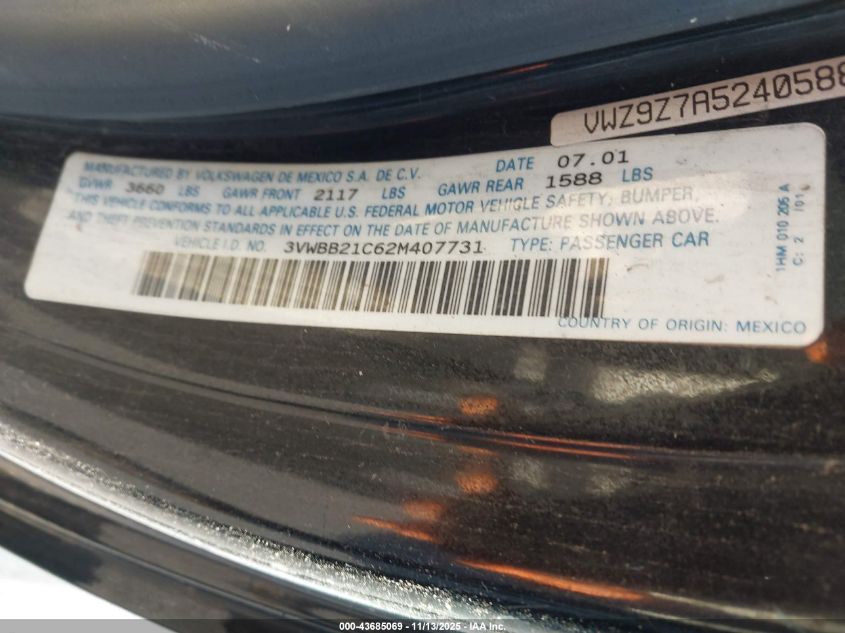 2002 Volkswagen New Beetle Gl VIN: 3VWBB21C62M407731 Lot: 43685069