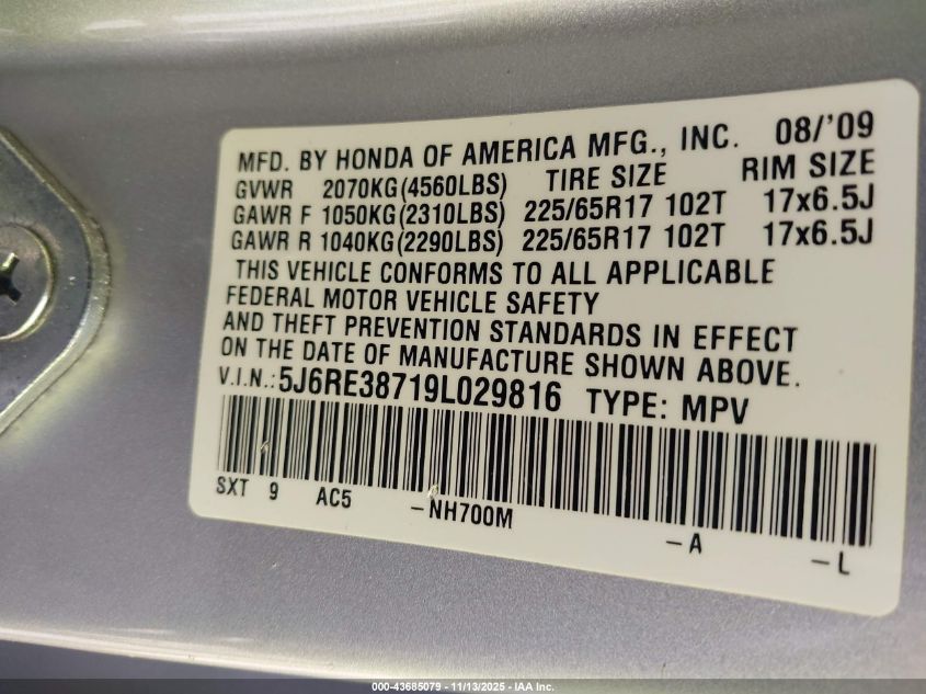 2009 Honda Cr-V Ex-L VIN: 5J6RE38719L029816 Lot: 43685079