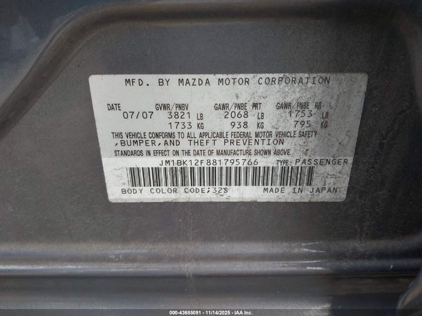 2008 Mazda Mazda3 I VIN: JM1BK12F881795766 Lot: 43685091