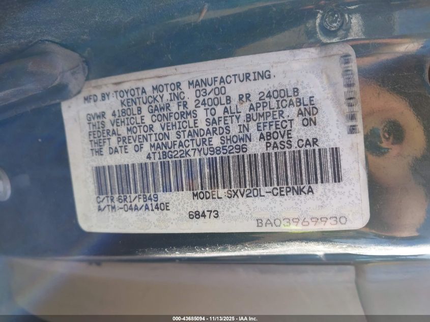 2000 Toyota Camry Le VIN: 4T1BG22K7YU985296 Lot: 43685094