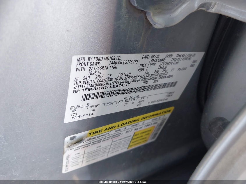 2020 Ford Expedition Xlt VIN: 1FMJU1HT6LEA74717 Lot: 43685101