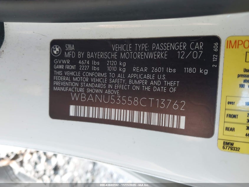 2008 BMW 528I VIN: WBANU53558CT13762 Lot: 43685102