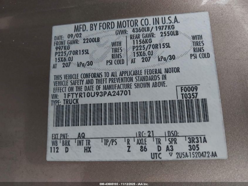 2003 Ford Ranger Edge/Xl/Xlt VIN: 1FTYR10U93PA24701 Lot: 43685103