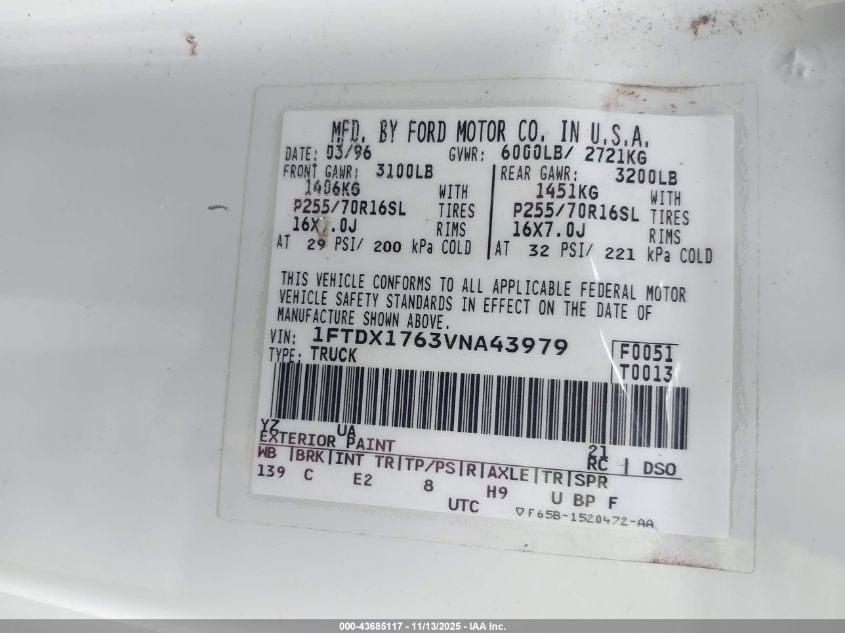 1997 Ford F-150 Lariat/Standard/Xl/Xlt VIN: 1FTDX1763VNA43979 Lot: 43685117
