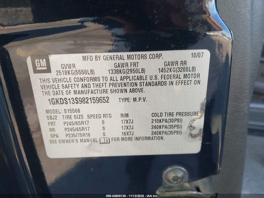 2008 GMC Envoy Sle VIN: 1GKDS13S982159652 Lot: 43685138
