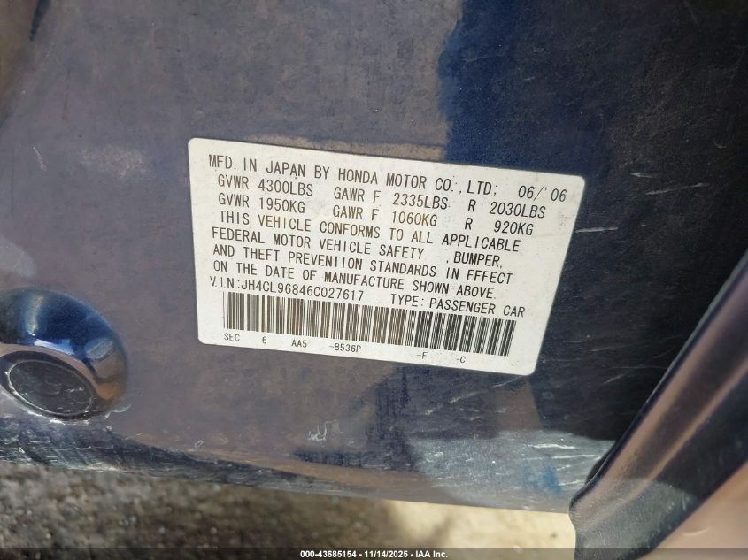 2006 Acura Tsx VIN: JH4CL96846C027617 Lot: 43685154