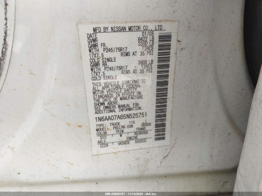 2005 Nissan Titan Xe VIN: 1N6AA07A65N525751 Lot: 43685157