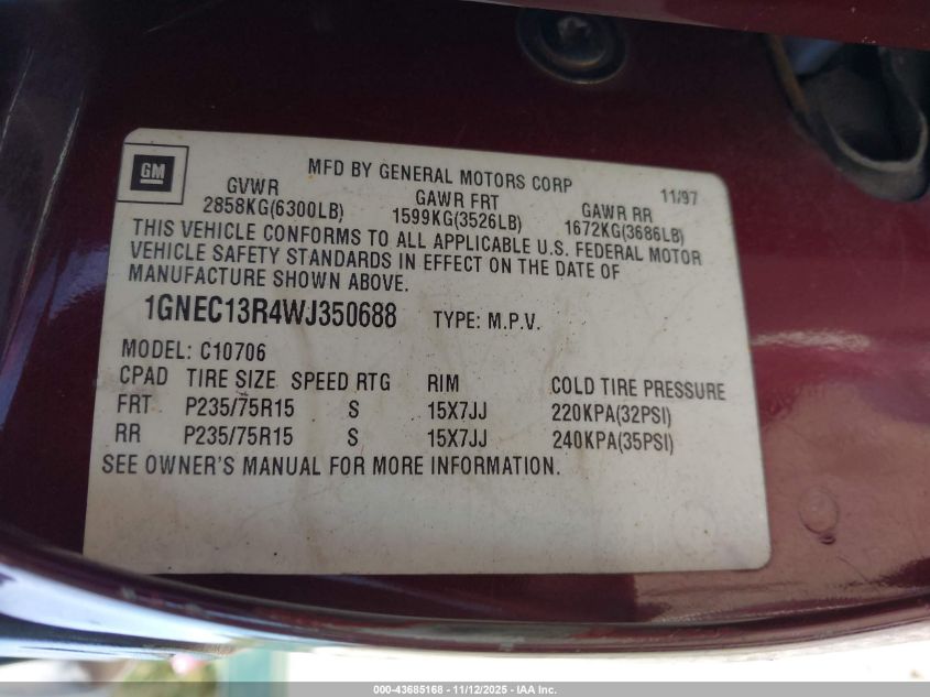 1998 Chevrolet Tahoe Ls VIN: 1GNEC13R4WJ350688 Lot: 43685168