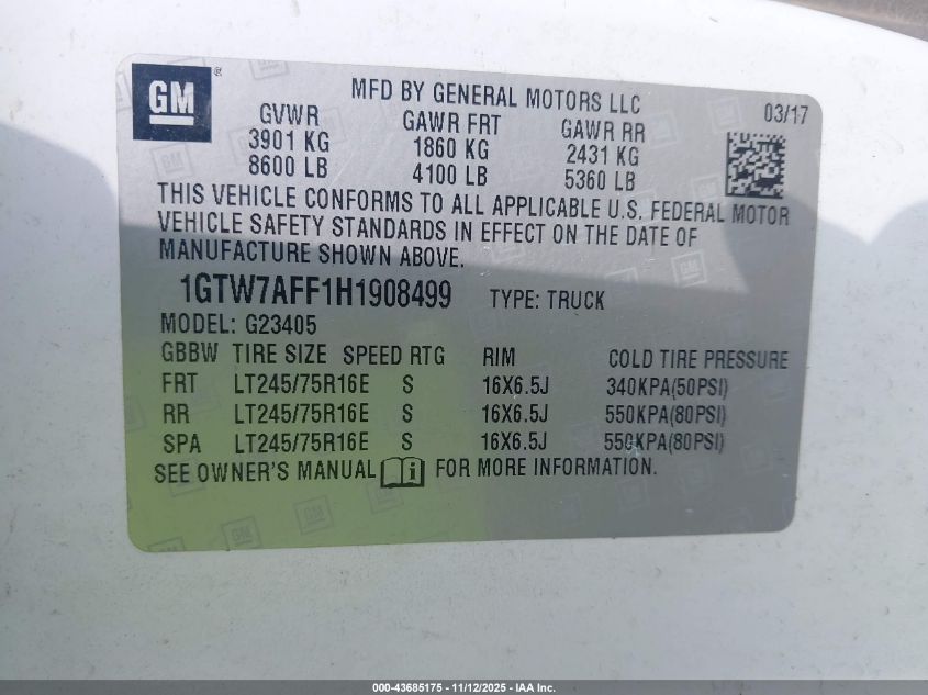 2017 GMC Savana 2500 Work Van VIN: 1GTW7AFF1H1908499 Lot: 43685175