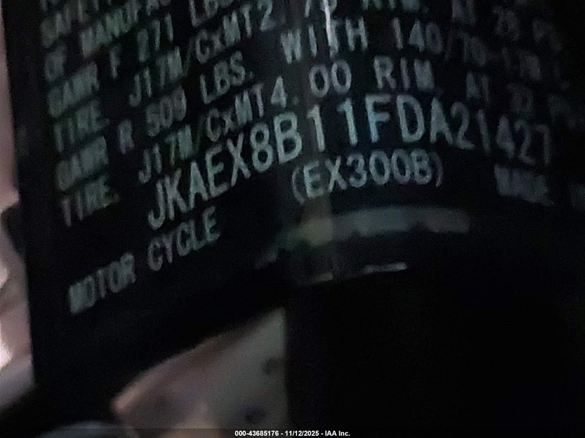 2015 Kawasaki Ex300 B VIN: JKAEX8B11FDA21427 Lot: 43685176