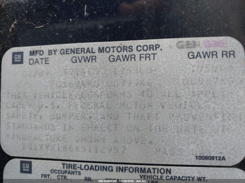 1989 Chevrolet Corvette VIN: 1G1YY2186K5112957 Lot: 43685185