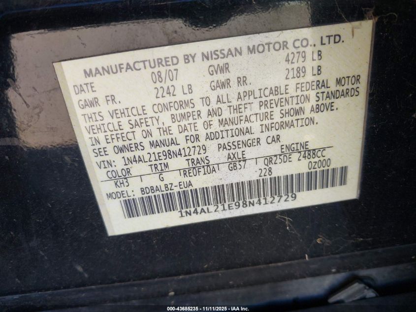 2008 Nissan Altima 2.5 S VIN: 1N4AL21E98N412729 Lot: 43685235