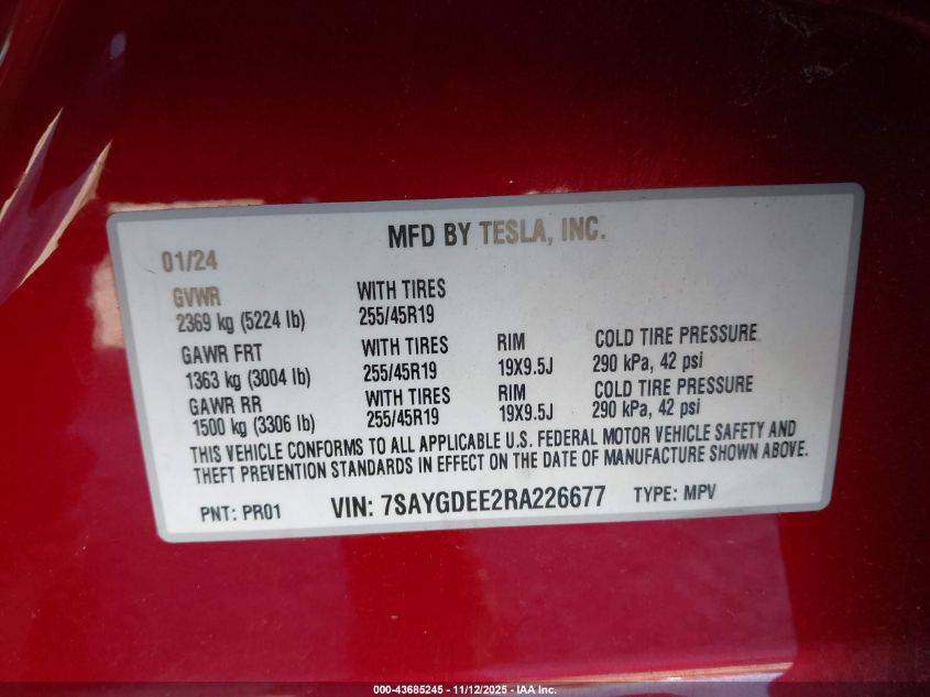 2024 Tesla Model Y Long Range Dual Motor All-Wheel Drive VIN: 7SAYGDEE2RA226677 Lot: 43685245