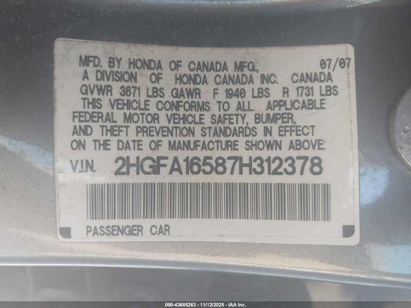 2007 Honda Civic Lx VIN: 2HGFA16587H312378 Lot: 43685263