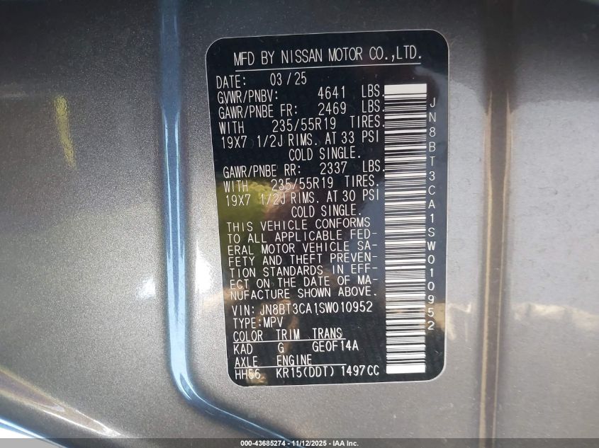 2025 Nissan Rogue Sl Fwd VIN: JN8BT3CA1SW010952 Lot: 43685274