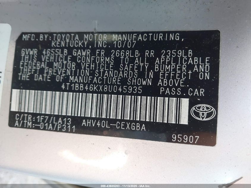 2008 Toyota Camry Hybrid VIN: 4T1BB46KX8U045935 Lot: 43685283