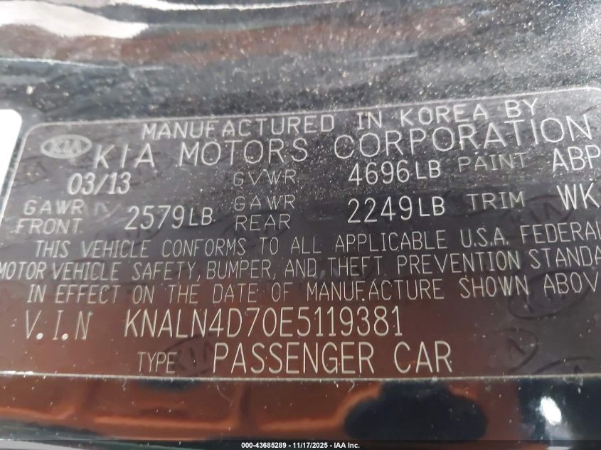 2014 Kia Cadenza Premium VIN: KNALN4D70E5119381 Lot: 43685289