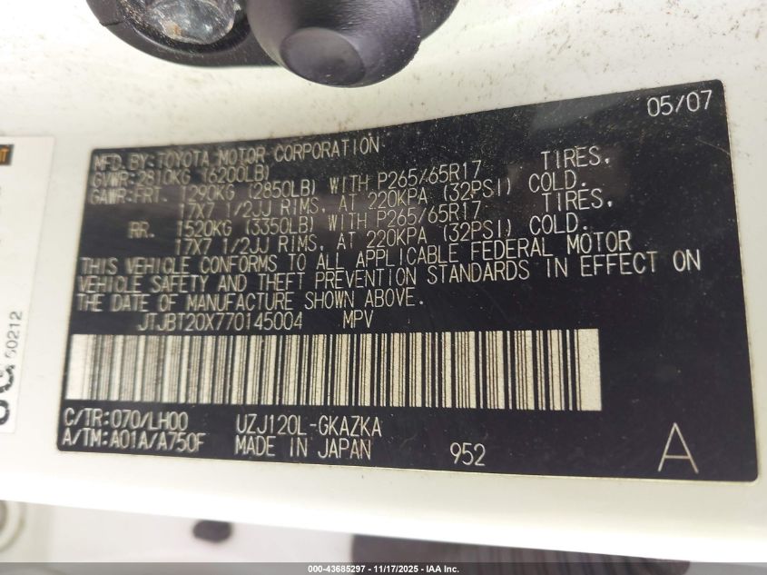 2007 Lexus Gx 470 VIN: JTJBT20X770145004 Lot: 43685297