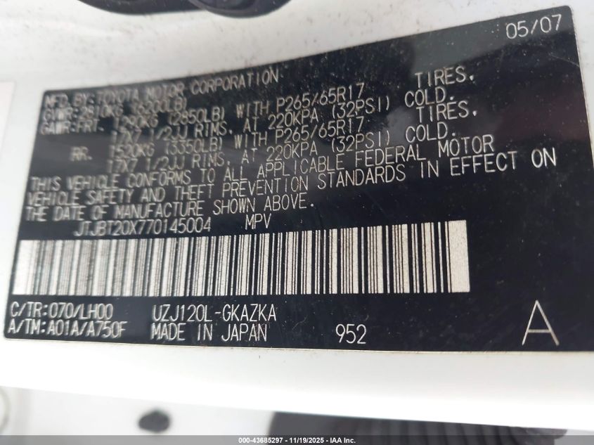 2007 Lexus Gx 470 VIN: JTJBT20X770145004 Lot: 43685297