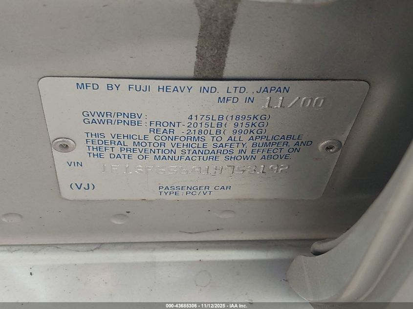 2001 Subaru Forester S VIN: JF1SF65691H758192 Lot: 43685306