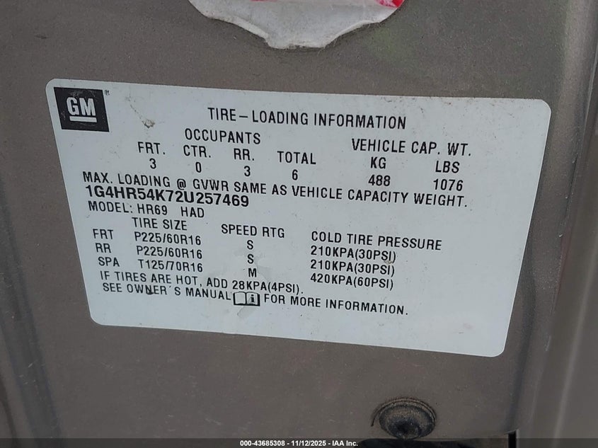 2002 Buick Lesabre Limited VIN: 1G4HR54K72U257469 Lot: 43685308