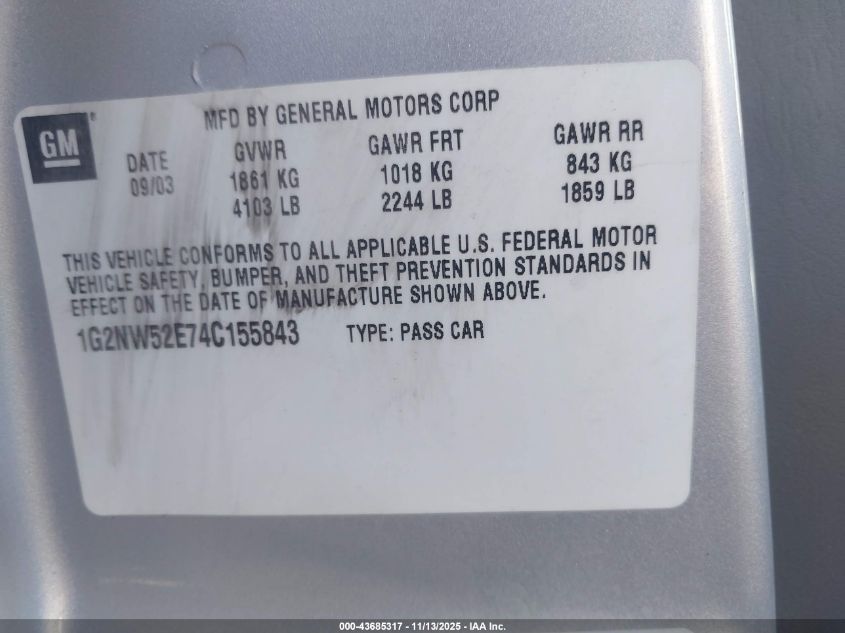 2004 Pontiac Grand Am Gt VIN: 1G2NW52E74C155843 Lot: 43685317