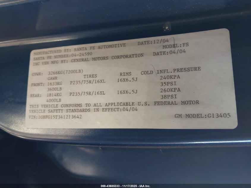 2004 Chevrolet Express VIN: 1GBFG15T341213642 Lot: 43685333